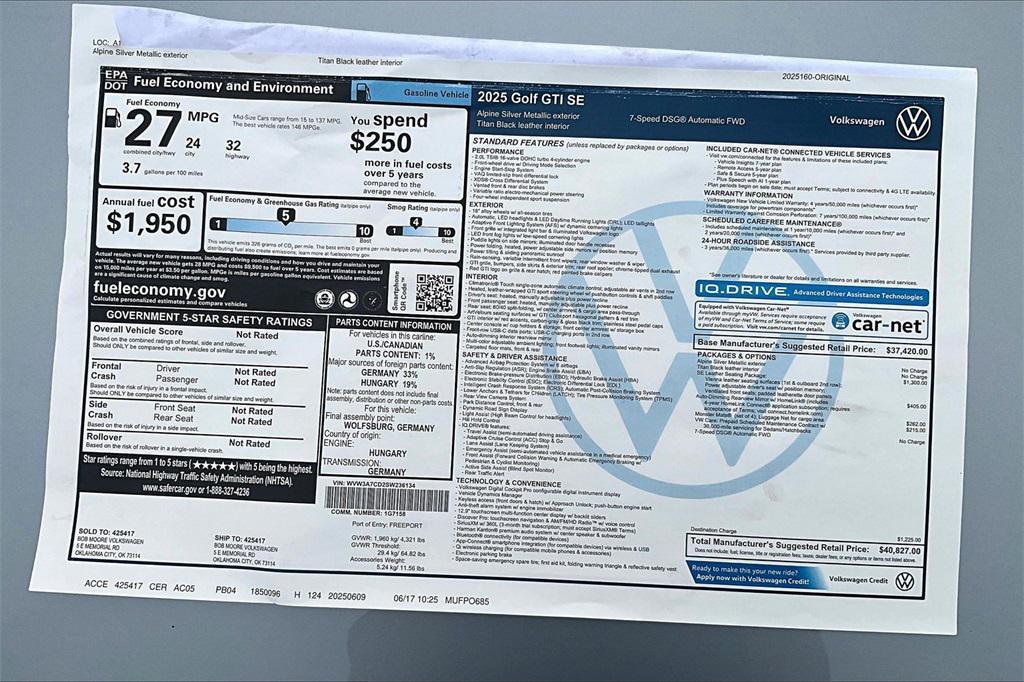 new 2025 Volkswagen Golf GTI car, priced at $38,786