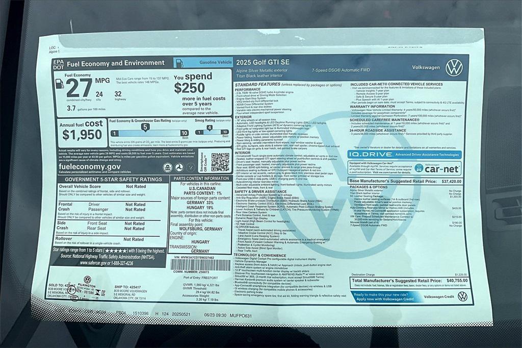new 2025 Volkswagen Golf GTI car, priced at $39,243