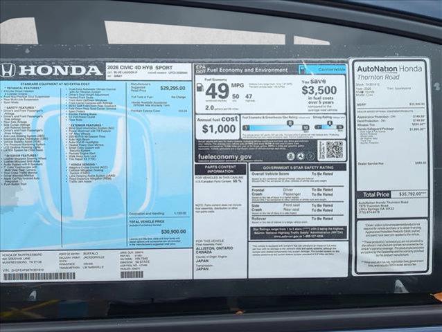 new 2026 Honda Civic Hybrid car, priced at $29,502