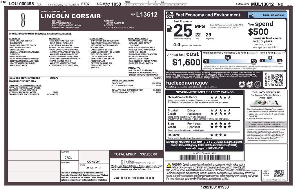 used 2021 Lincoln Corsair car, priced at $27,387