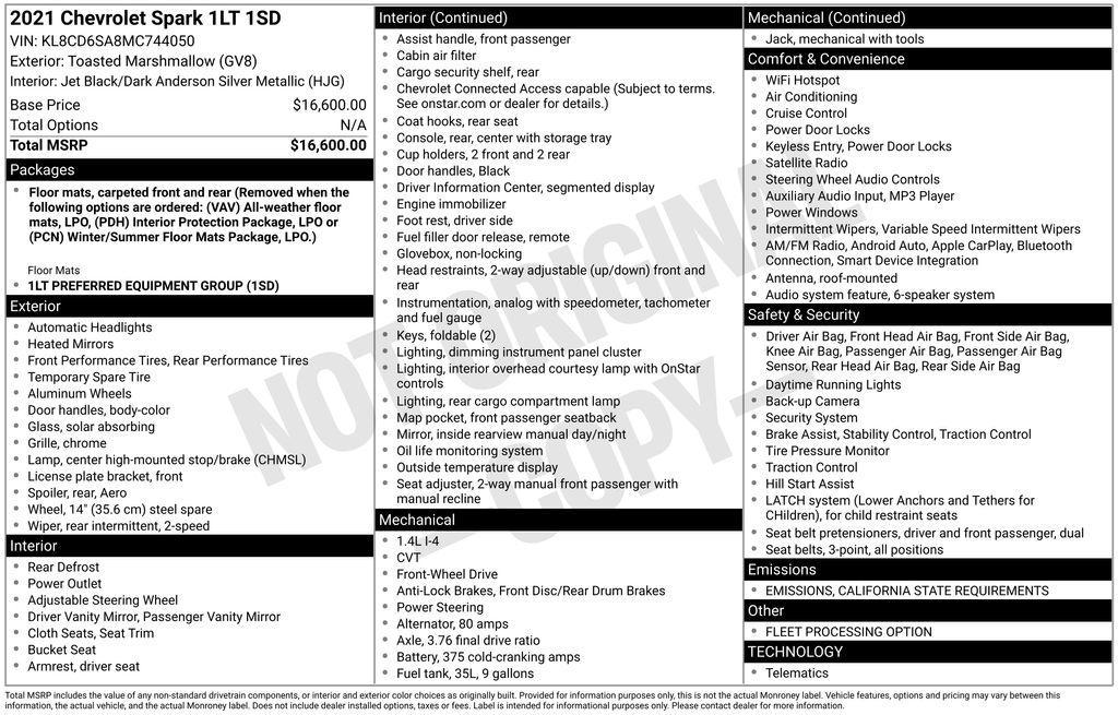 used 2021 Chevrolet Spark car, priced at $12,500