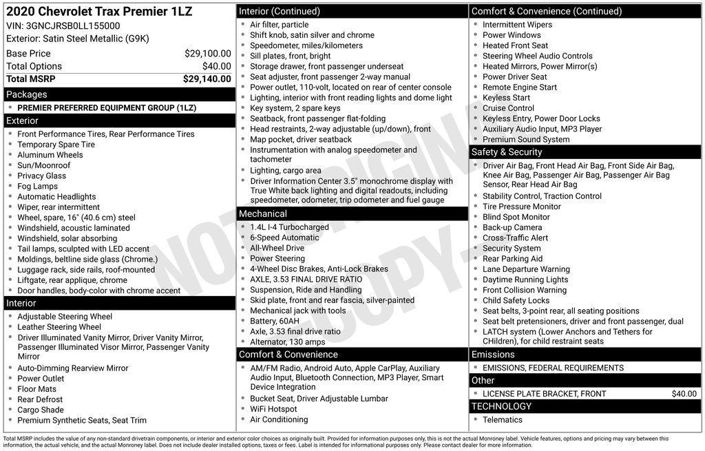 used 2020 Chevrolet Trax car, priced at $15,500