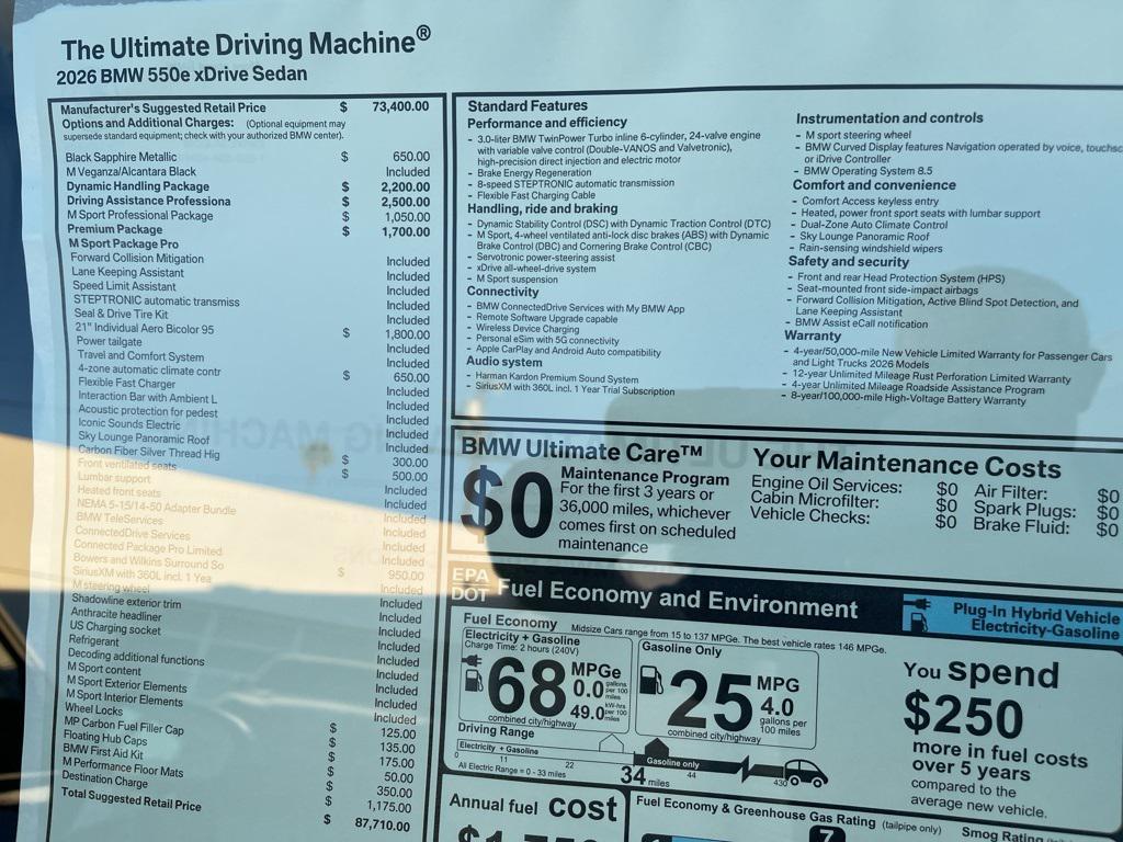 new 2026 BMW 550e car, priced at $87,710