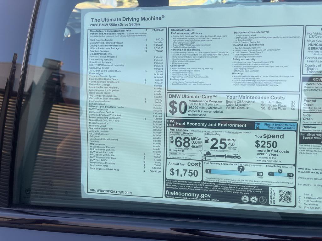 new 2026 BMW 550e car, priced at $86,410