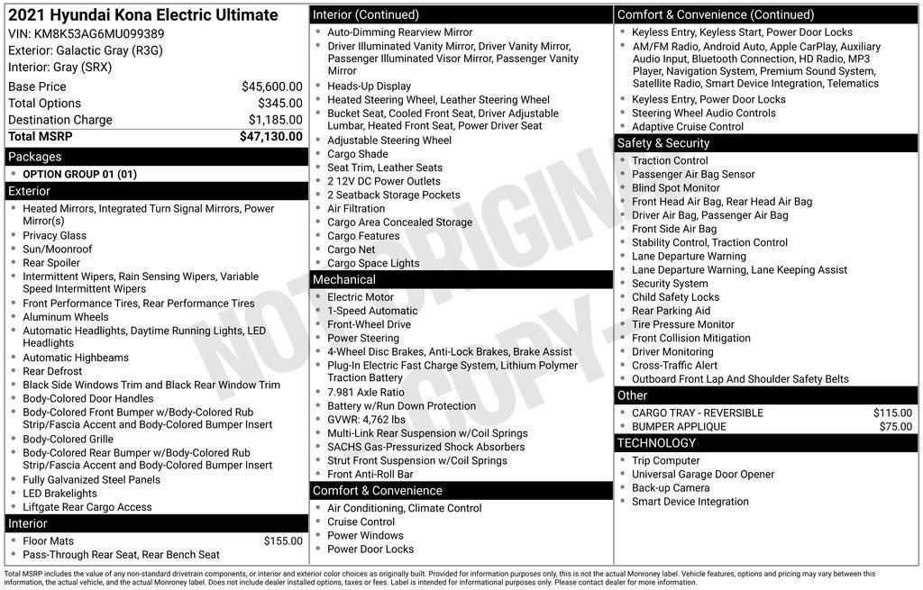 used 2021 Hyundai Kona EV car, priced at $22,275
