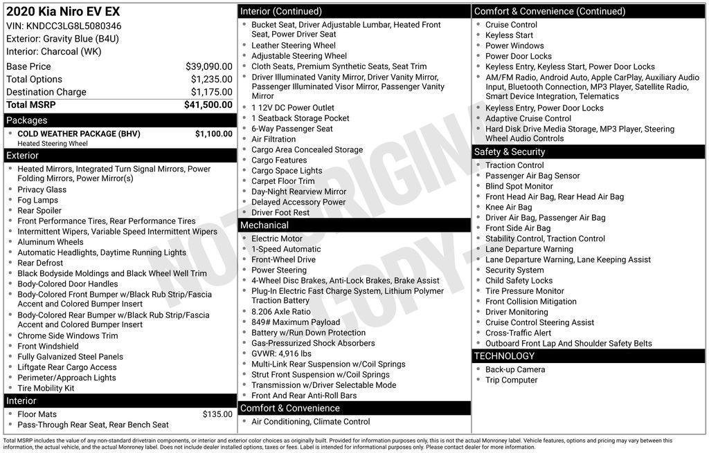 used 2020 Kia Niro EV car, priced at $20,950