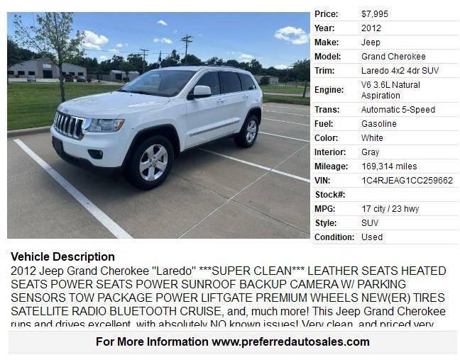 used 2012 Jeep Grand Cherokee car, priced at $7,995