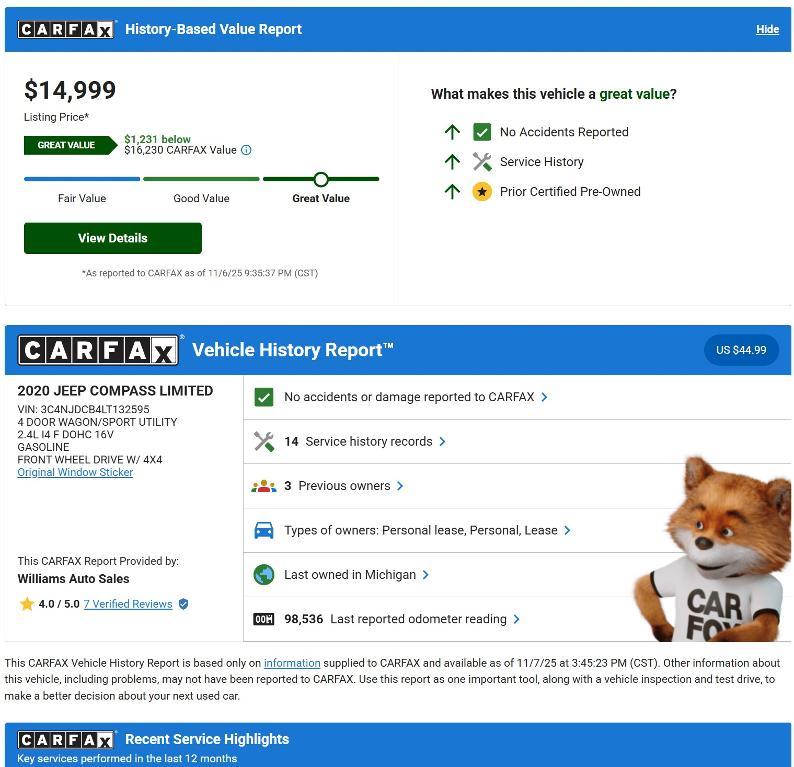 used 2020 Jeep Compass car, priced at $14,750