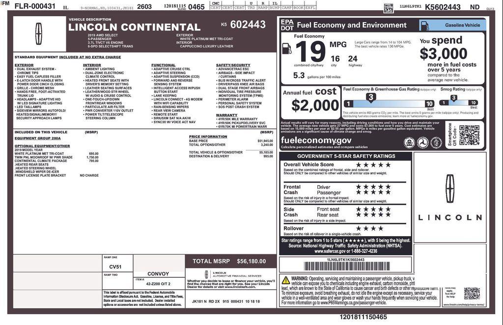 used 2019 Lincoln Continental car, priced at $27,794