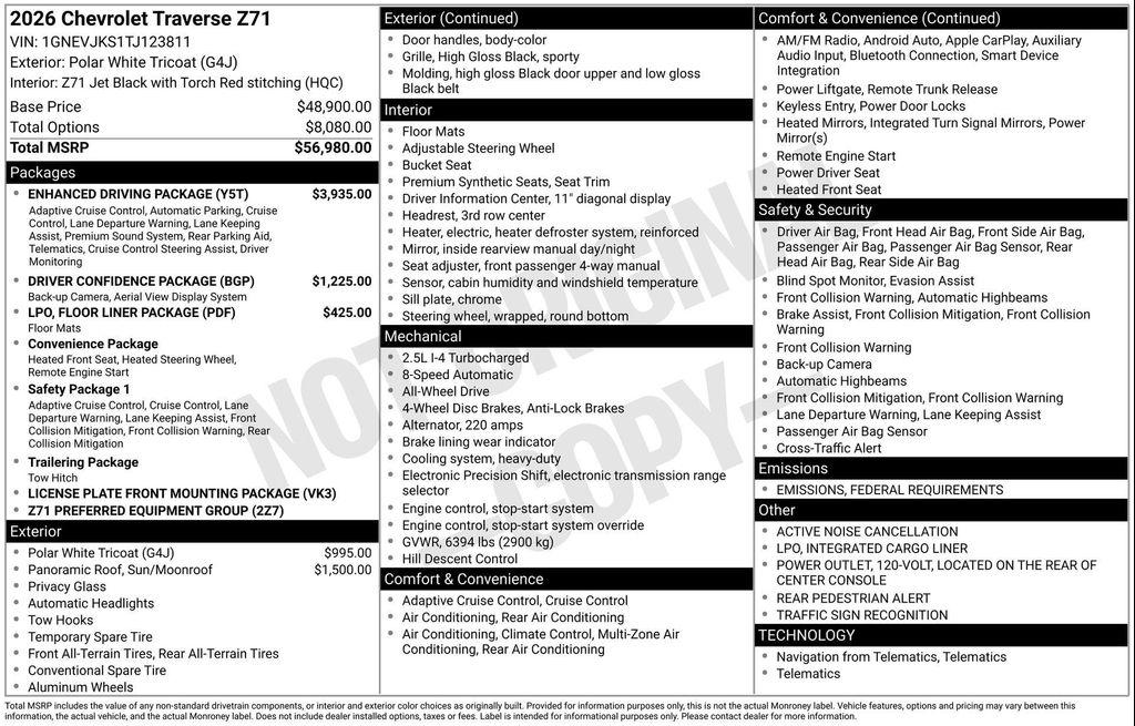 new 2026 Chevrolet Traverse car, priced at $56,538