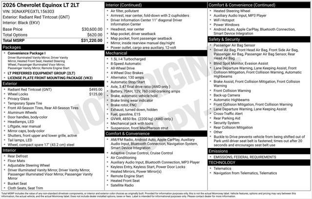 new 2026 Chevrolet Equinox car, priced at $31,320