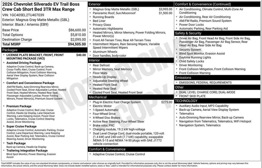 new 2026 Chevrolet Silverado EV car, priced at $87,465