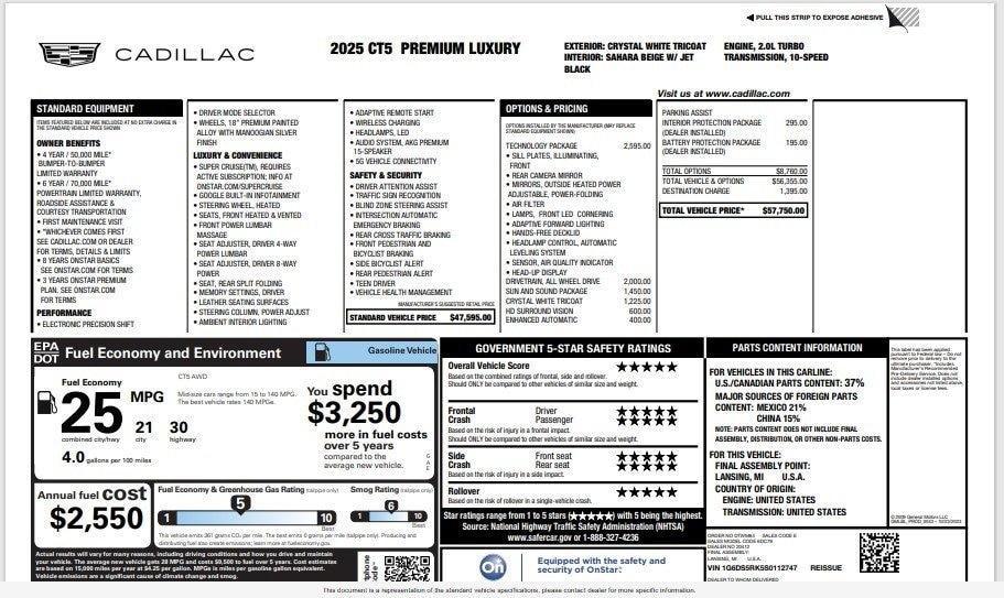 new 2025 Cadillac CT5 car, priced at $57,750