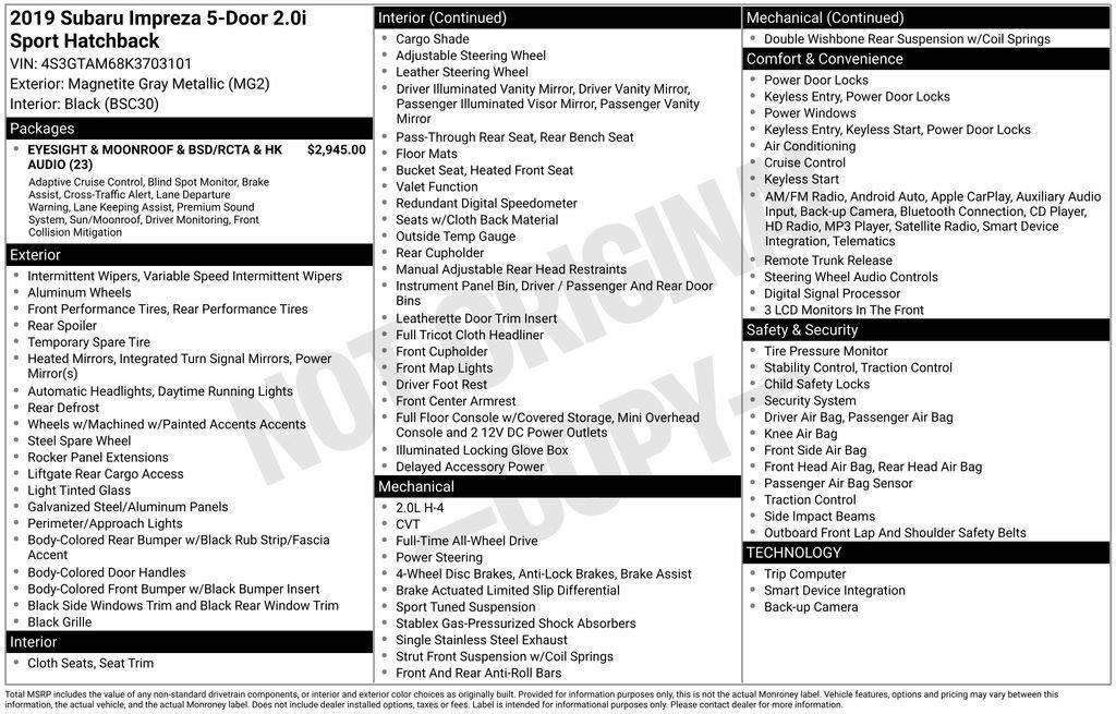 used 2019 Subaru Impreza car, priced at $14,995