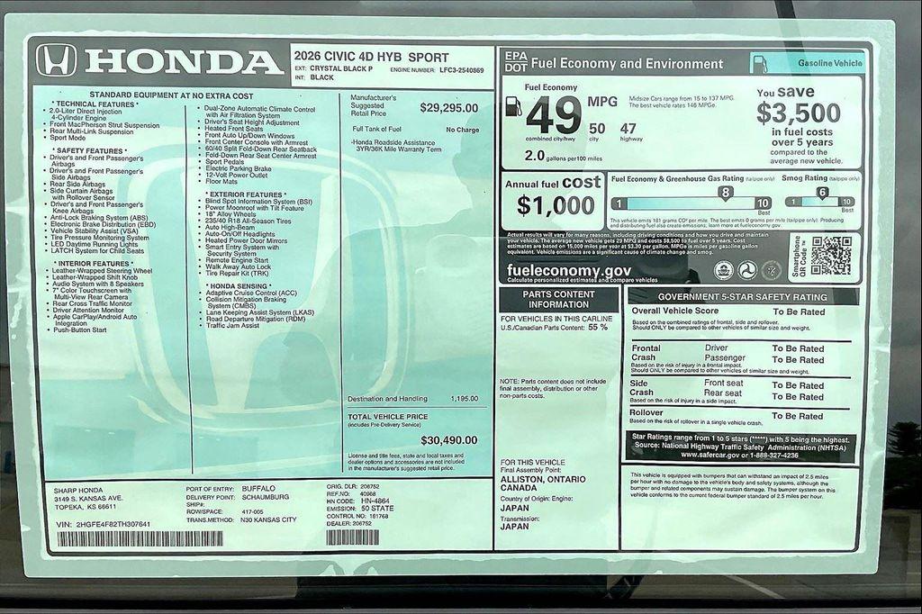 new 2026 Honda Civic Hybrid car, priced at $30,490