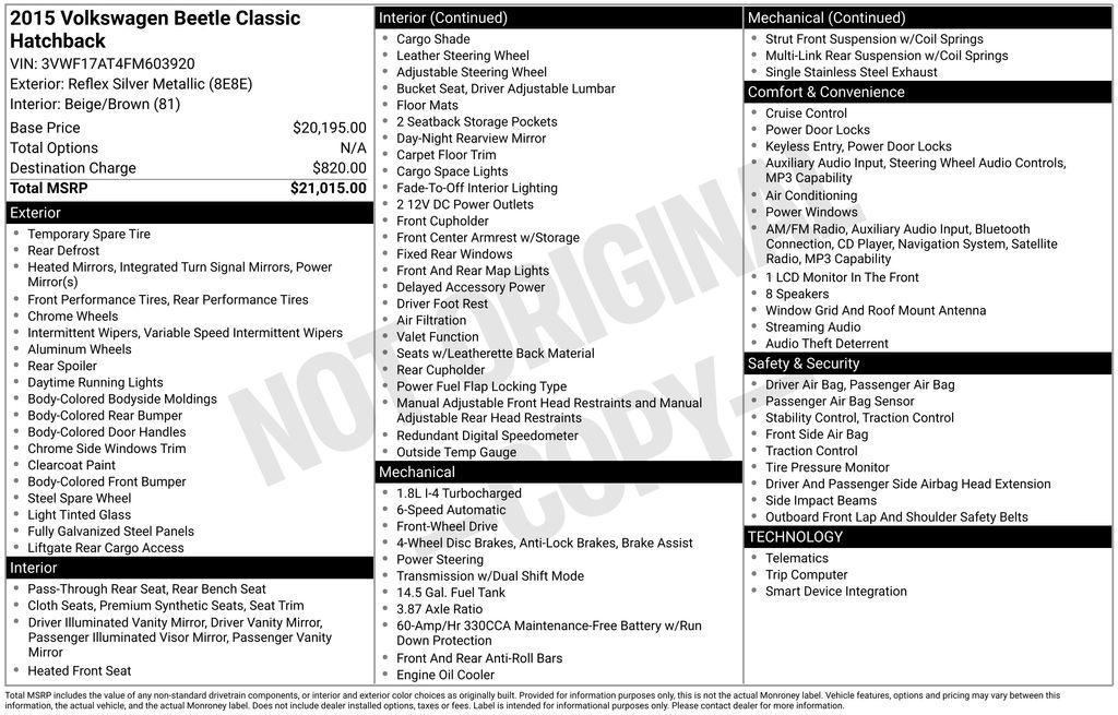 used 2015 Volkswagen Beetle car, priced at $16,398