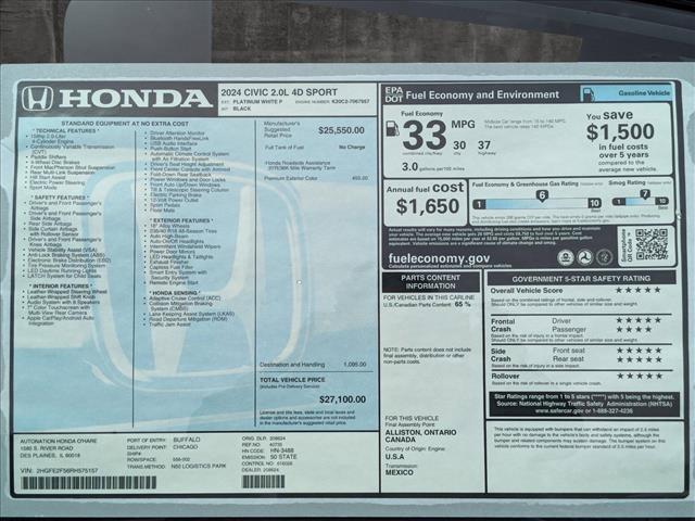 new 2024 Honda Civic car, priced at $25,765