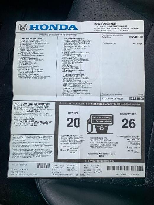 used 2002 Honda S2000 car, priced at $25,250