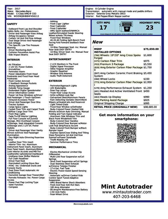 used 2017 Mercedes-Benz AMG C 63 car, priced at $42,995