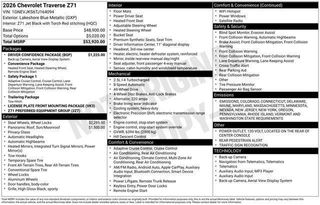 new 2026 Chevrolet Traverse car, priced at $53,728