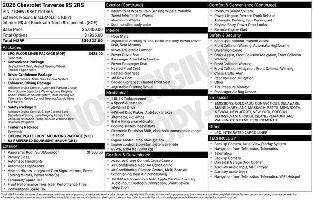 new 2026 Chevrolet Traverse car, priced at $59,523