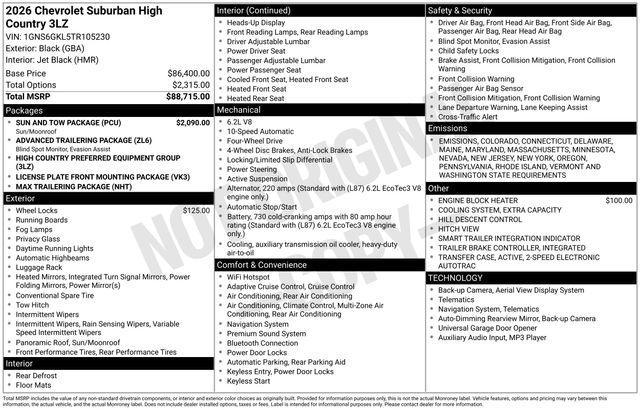 new 2026 Chevrolet Suburban car, priced at $89,190
