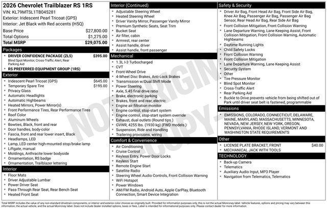 new 2026 Chevrolet TrailBlazer car, priced at $29,289
