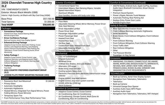 new 2026 Chevrolet Traverse car, priced at $58,098