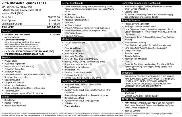 new 2026 Chevrolet Equinox car, priced at $28,246
