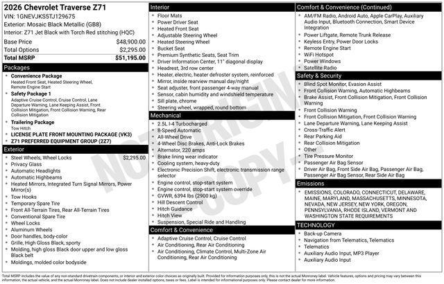 new 2026 Chevrolet Traverse car, priced at $50,693