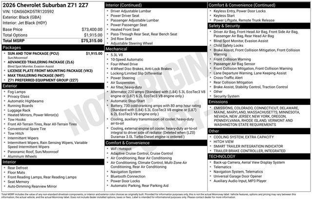 new 2026 Chevrolet Suburban car, priced at $74,963