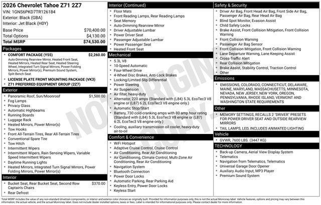 new 2026 Chevrolet Tahoe car, priced at $75,128