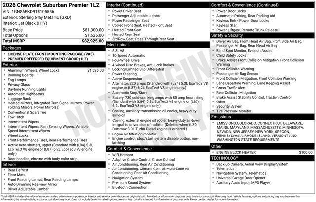 new 2026 Chevrolet Suburban car, priced at $82,523