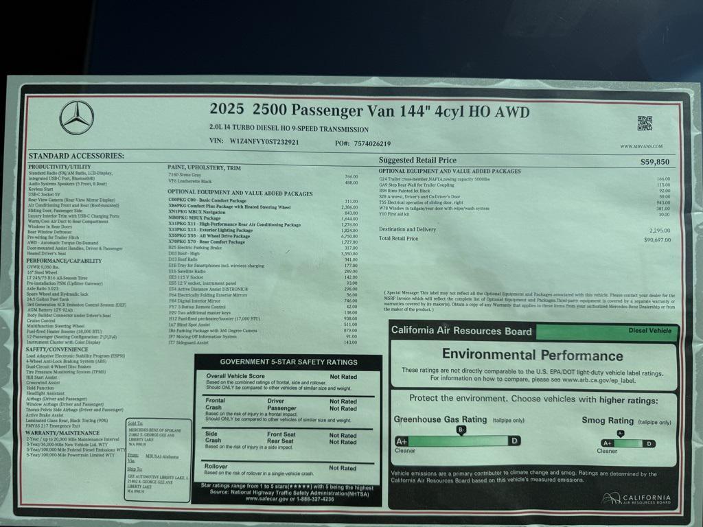new 2025 Mercedes-Benz Sprinter 2500 car, priced at $90,697