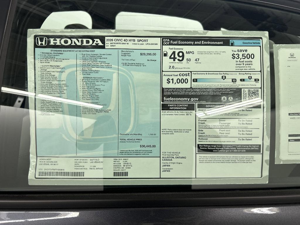 new 2026 Honda Civic Hybrid car, priced at $30,445