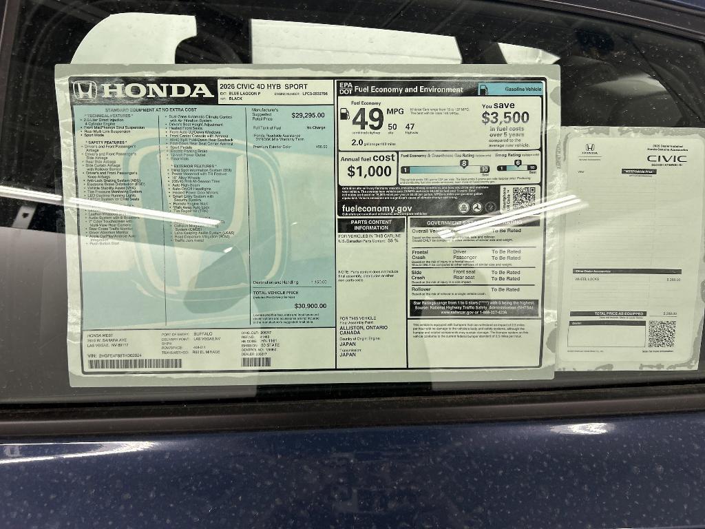 new 2026 Honda Civic Hybrid car, priced at $30,900
