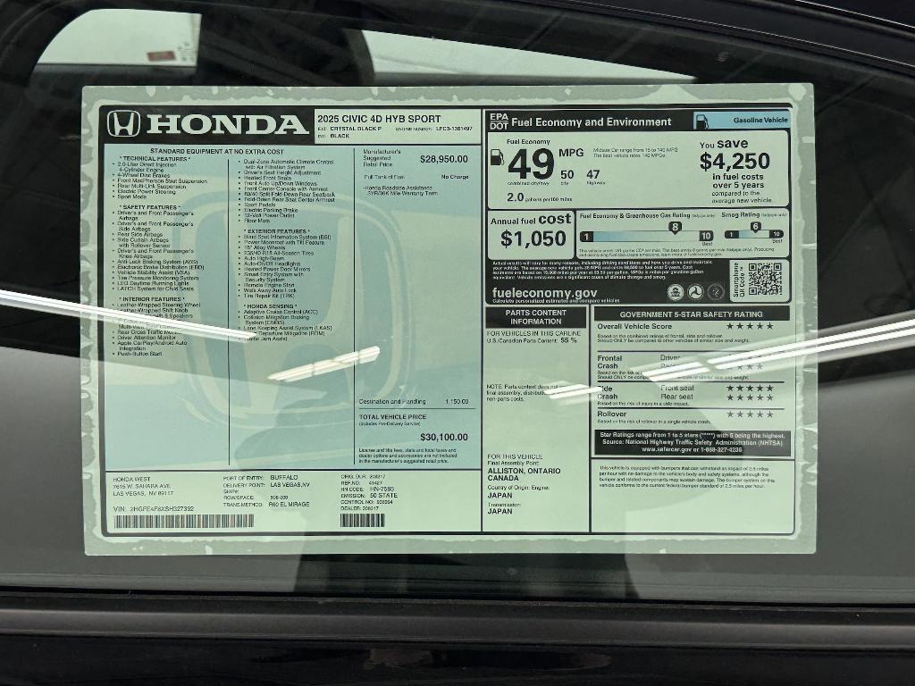 new 2025 Honda Civic Hybrid car, priced at $28,878