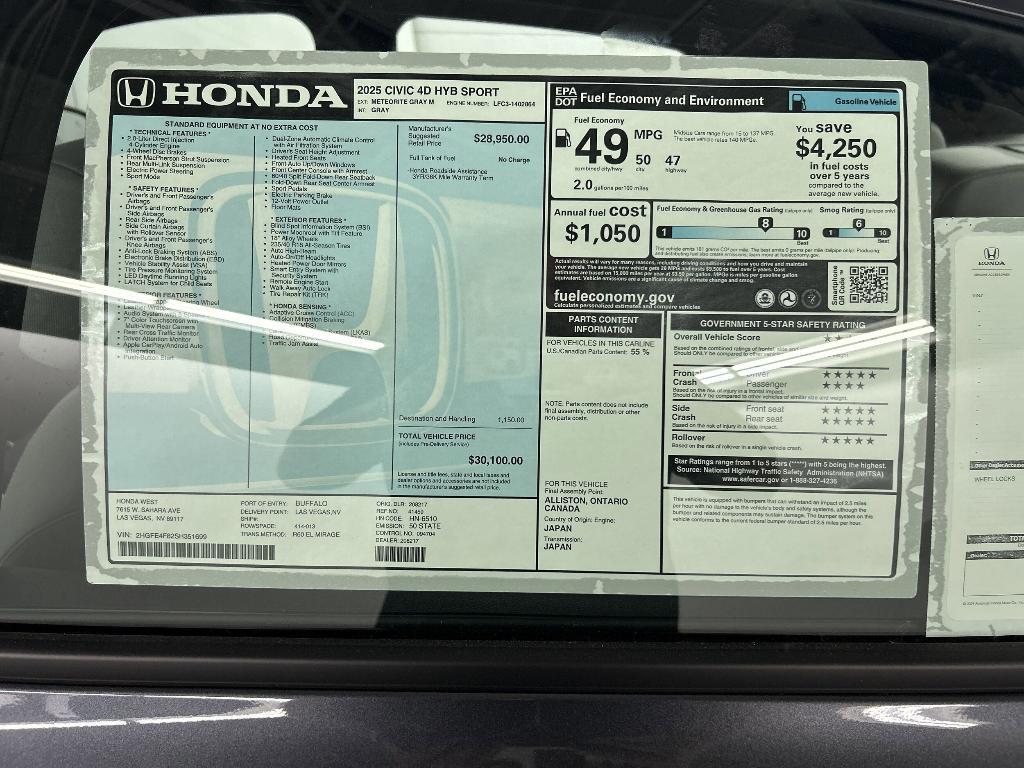 new 2025 Honda Civic Hybrid car, priced at $28,878