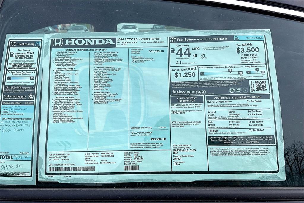 new 2024 Honda Accord Hybrid car, priced at $33,197