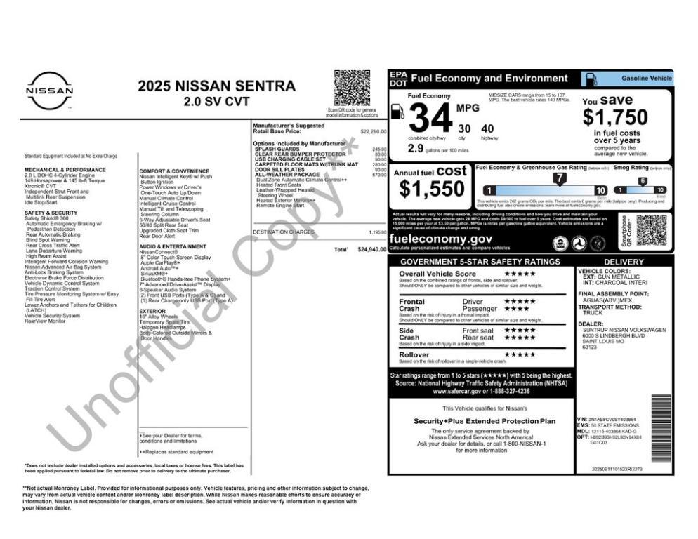 new 2025 Nissan Sentra car, priced at $21,646