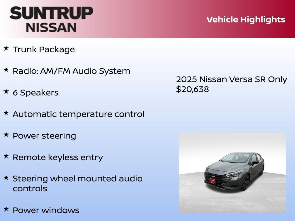 new 2025 Nissan Versa car, priced at $20,638
