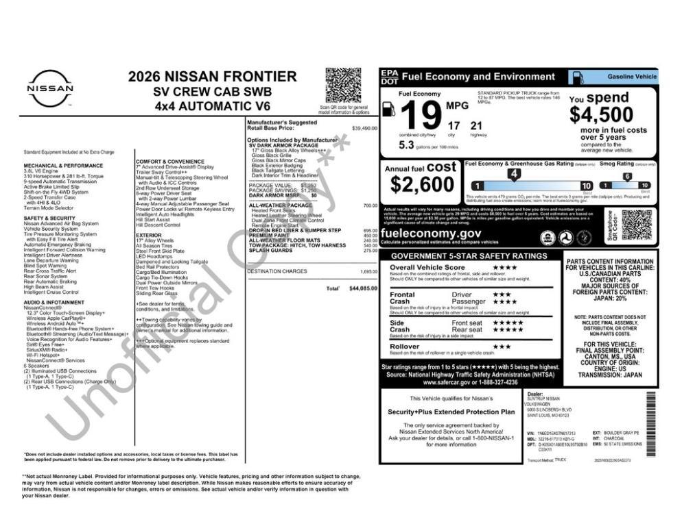new 2026 Nissan Frontier car, priced at $40,501