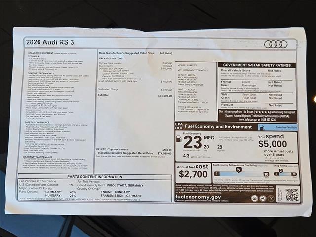 new 2026 Audi RS 3 car, priced at $74,090