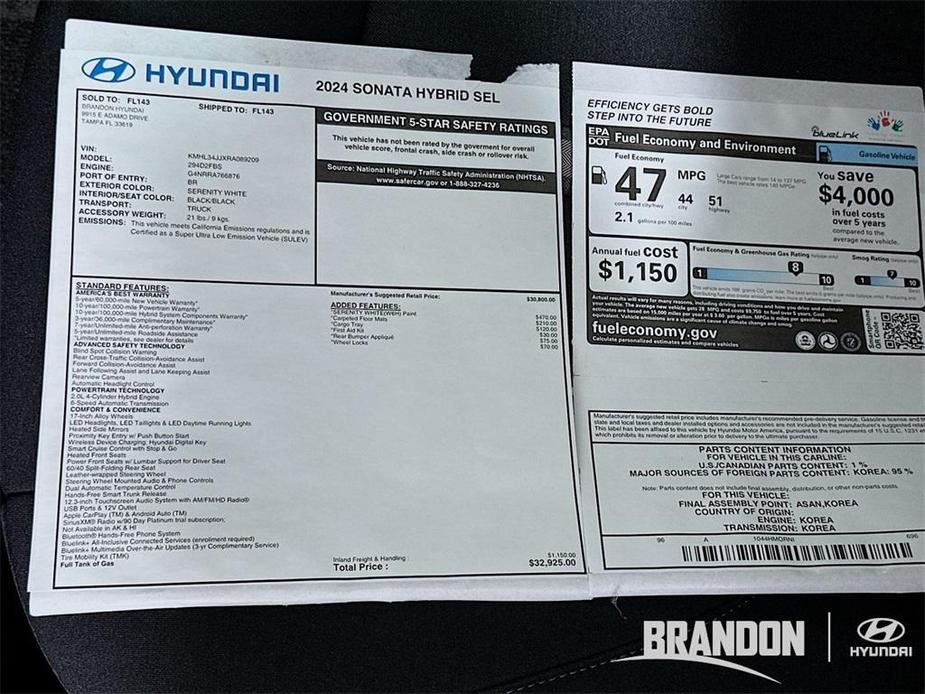 new 2024 Hyundai Sonata Hybrid car, priced at $32,089