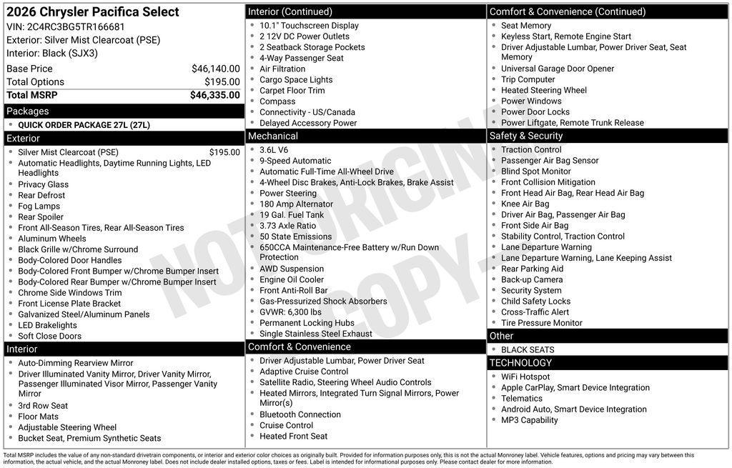 new 2026 Chrysler Pacifica car, priced at $45,080