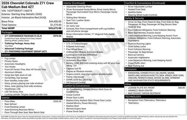 new 2026 Chevrolet Colorado car, priced at $44,160
