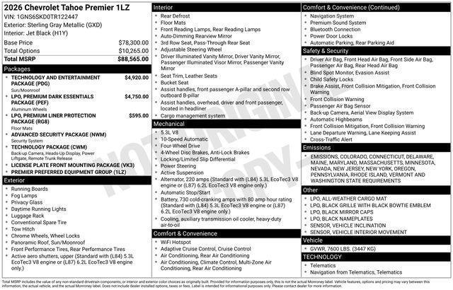 new 2026 Chevrolet Tahoe car, priced at $91,160