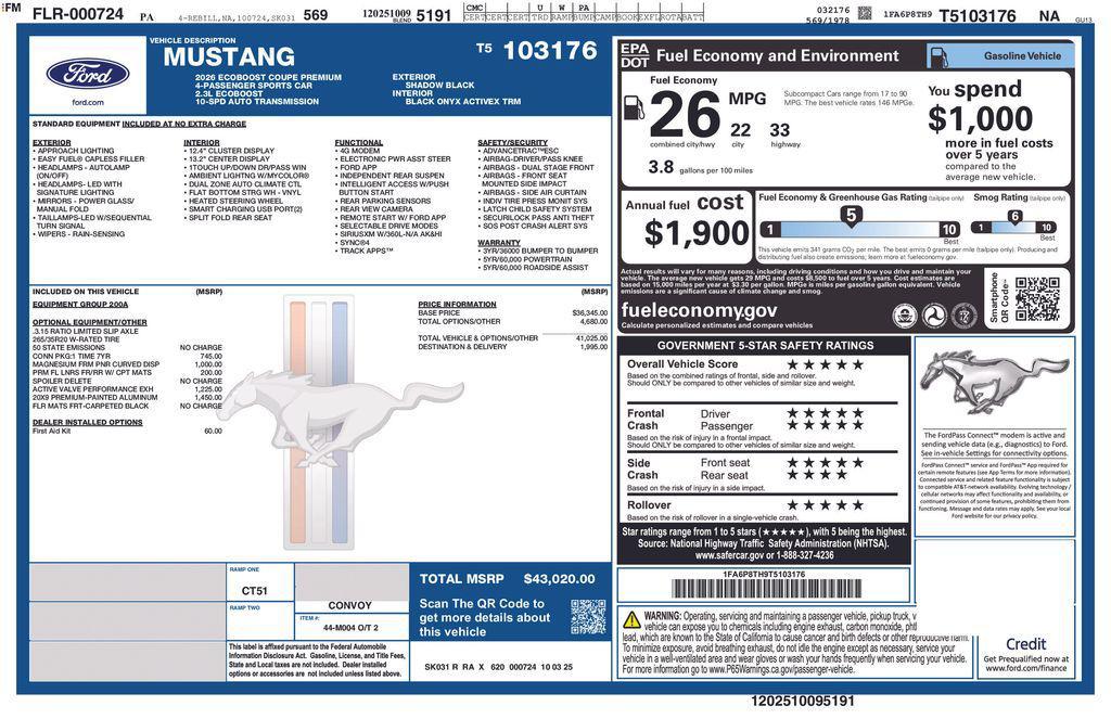 new 2026 Ford Mustang car, priced at $43,020