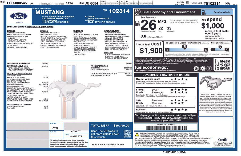 new 2026 Ford Mustang car, priced at $45,495