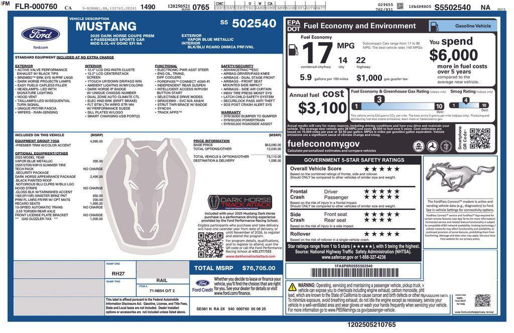 new 2025 Ford Mustang car, priced at $76,705